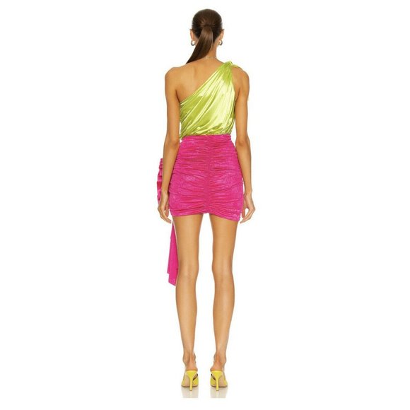 RAISA&VANESSA One Shoulder Ruched Mini Dress Fuchsia & Pistachio Green 36 NWT - Picture 3 of 9